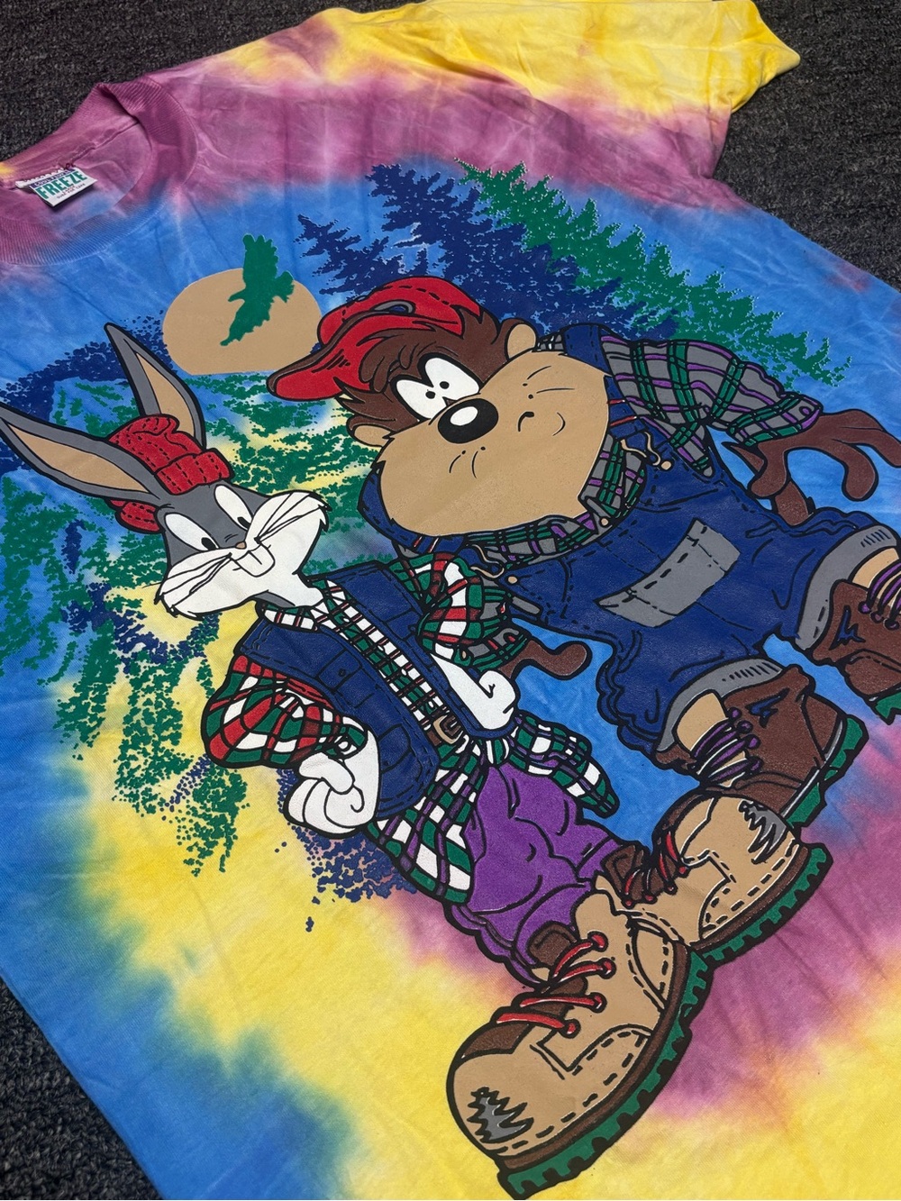 Vintage Freeze Tie-Dye Looney Tunes Bugs & Taz Tee Yellow, Blue, Purple, Pink